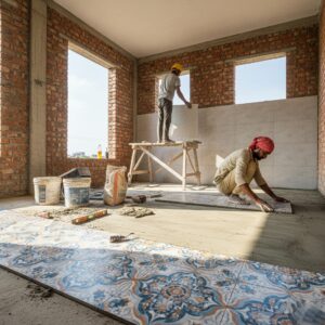 Worker applying tile adhesive on floor