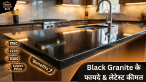 Black granite countertop with natural shine and modern kitchen background showing texture and premium finish